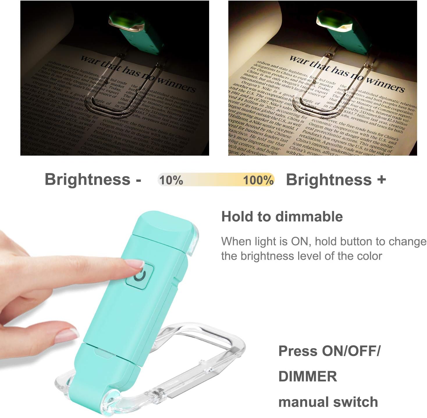 HONWELL Rechargeable Clip On LED Book Light, 3 Brightness Levels Dimmable Bookmark Light for Eye-Protection, Portable Reading Lamp for Bookworms, Travel (Blue) - 