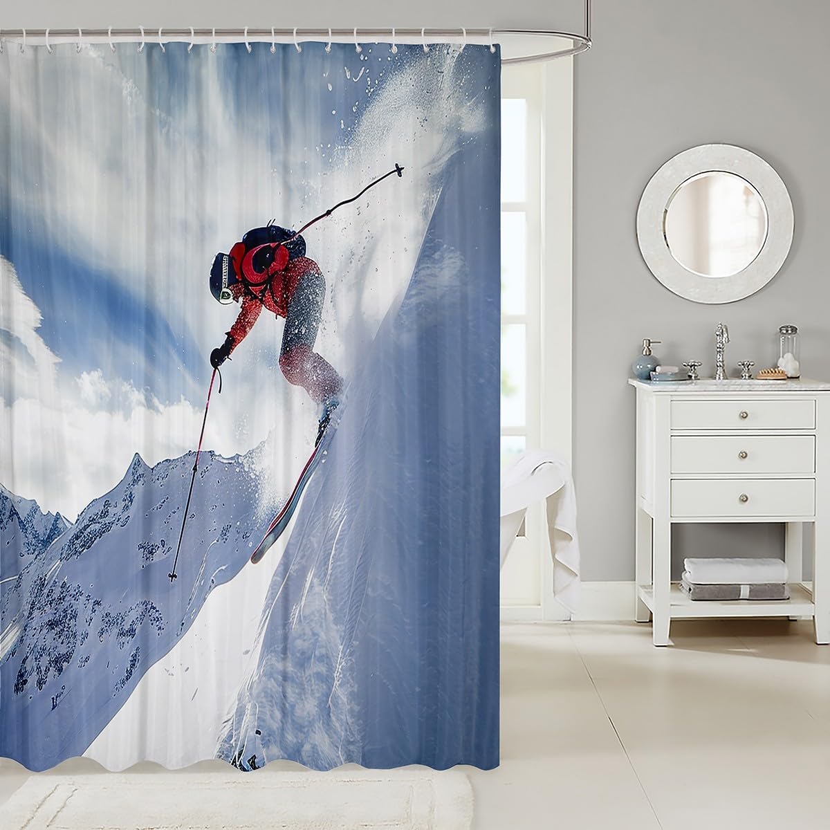 Sports Ski Shower Curtain with Hooks Extreme Sport Theme Fabric Bathroom Shower Curtain for Kids Boys Girls Antarctic Skiing Waterproof Shower Curtains Snow Mountain Decor Curtain,72x78 Inches