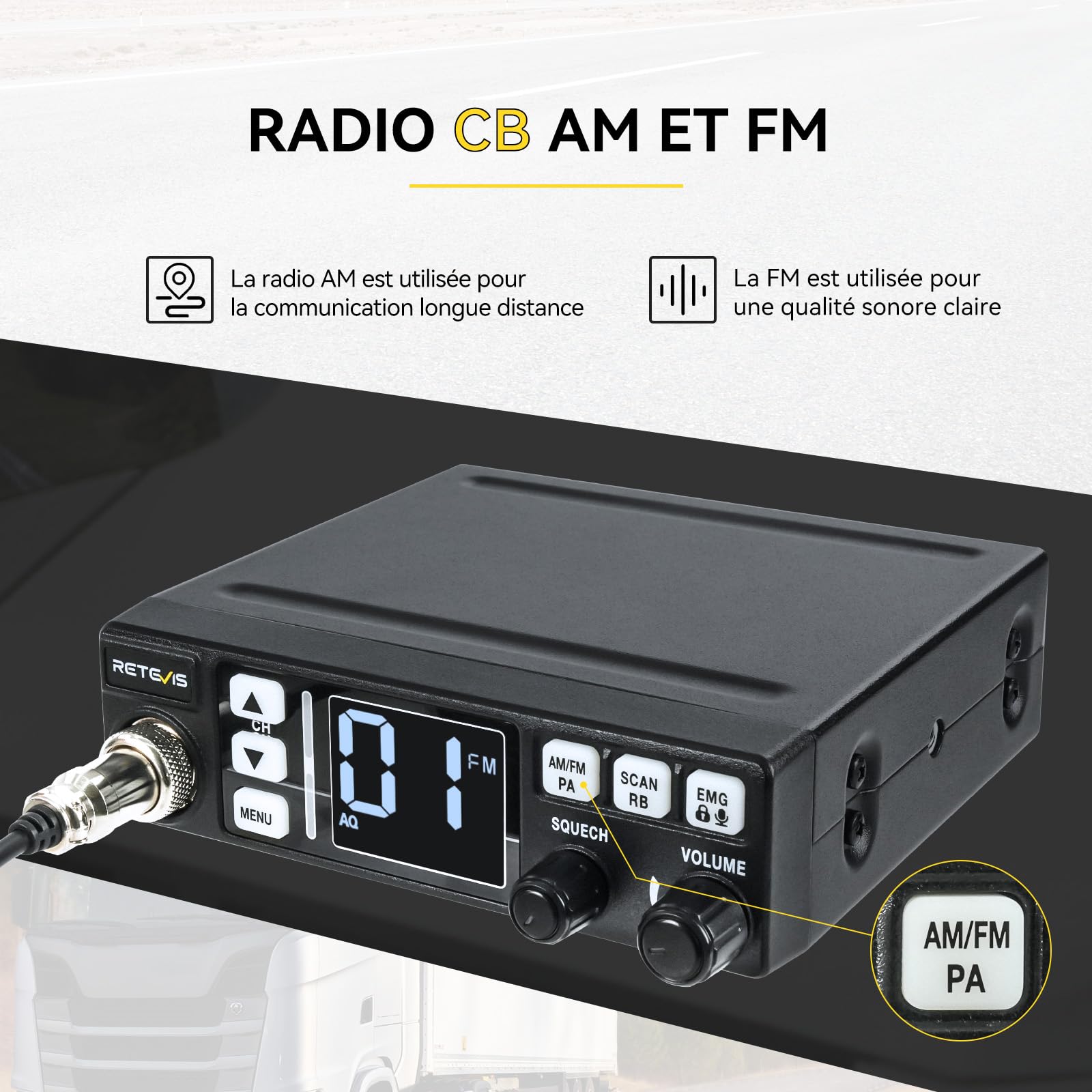 Retevis MB63 Radio CB Mobile Kit Complet avec Antenne AM/FM/PA Écran LCD VOX SQ/ASQ EMG CH9/19 Noir