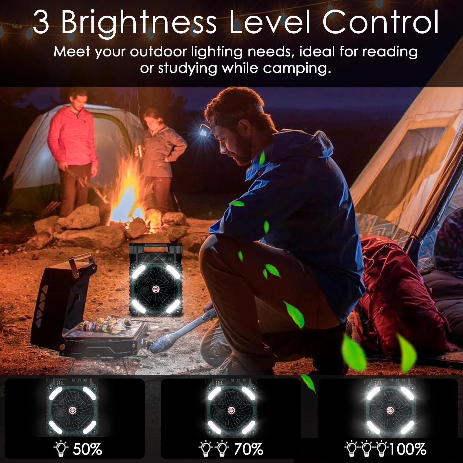 Sendowtek Solar Camping Ventilator 10400mAh, Tragbarer Leistungsstark Leise 4 Geschwindigkeitsstufen mit LED Licht Timer, USB Akku Tischventilator für Outdoor Zelte Wohnmobile Reisen Tisch