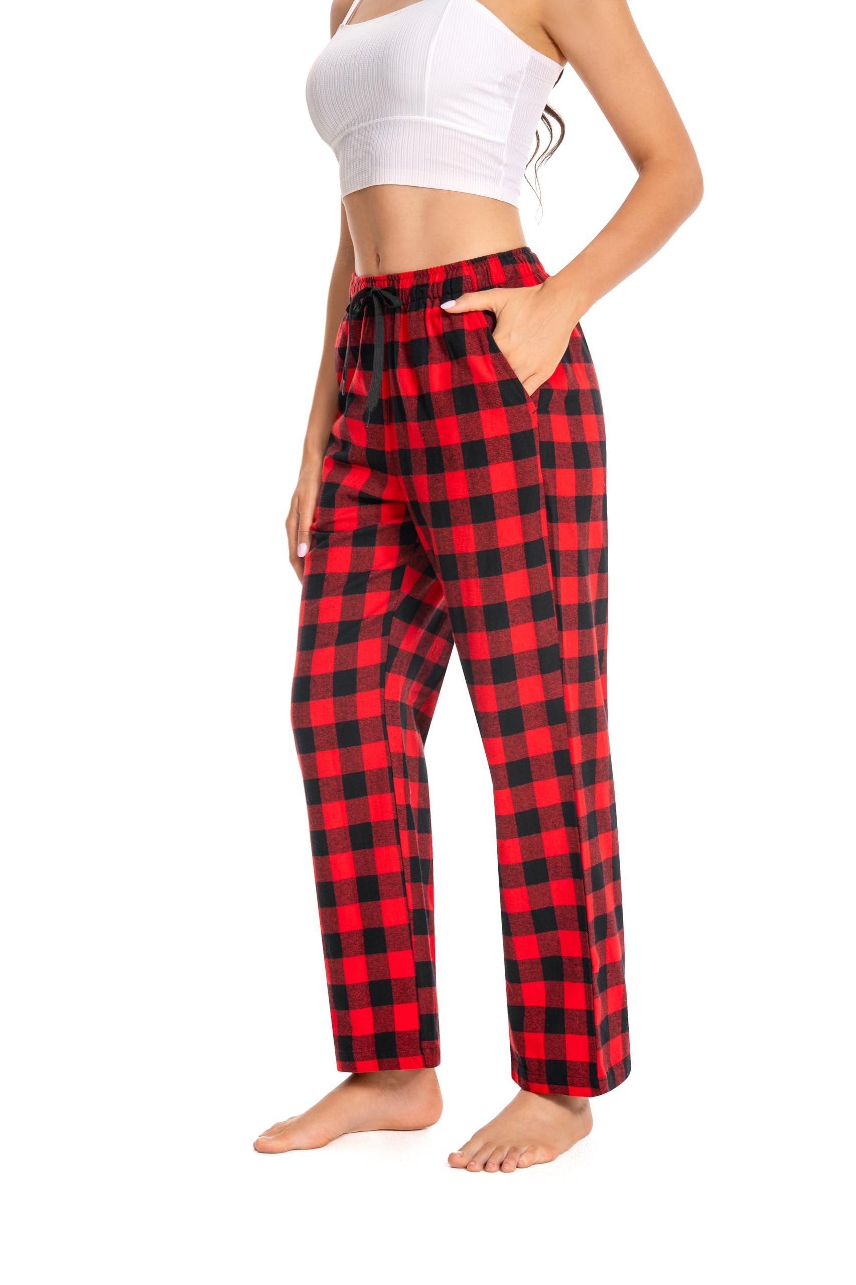 Cyathea Schlafanzughose Damen 100% Baumwolle Flannel Pyjamahose Kariert Loungehose mit Taschen Nachtwäsche Unterteil Schlafhose Weich für Frauen Verstellbaren Tunnelzugbund