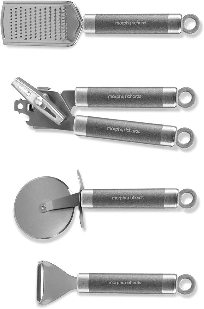 Close-up of individual Morphy Richards Accents kitchen tools: Grater, Can Opener, Pizza Cutter, Peeler