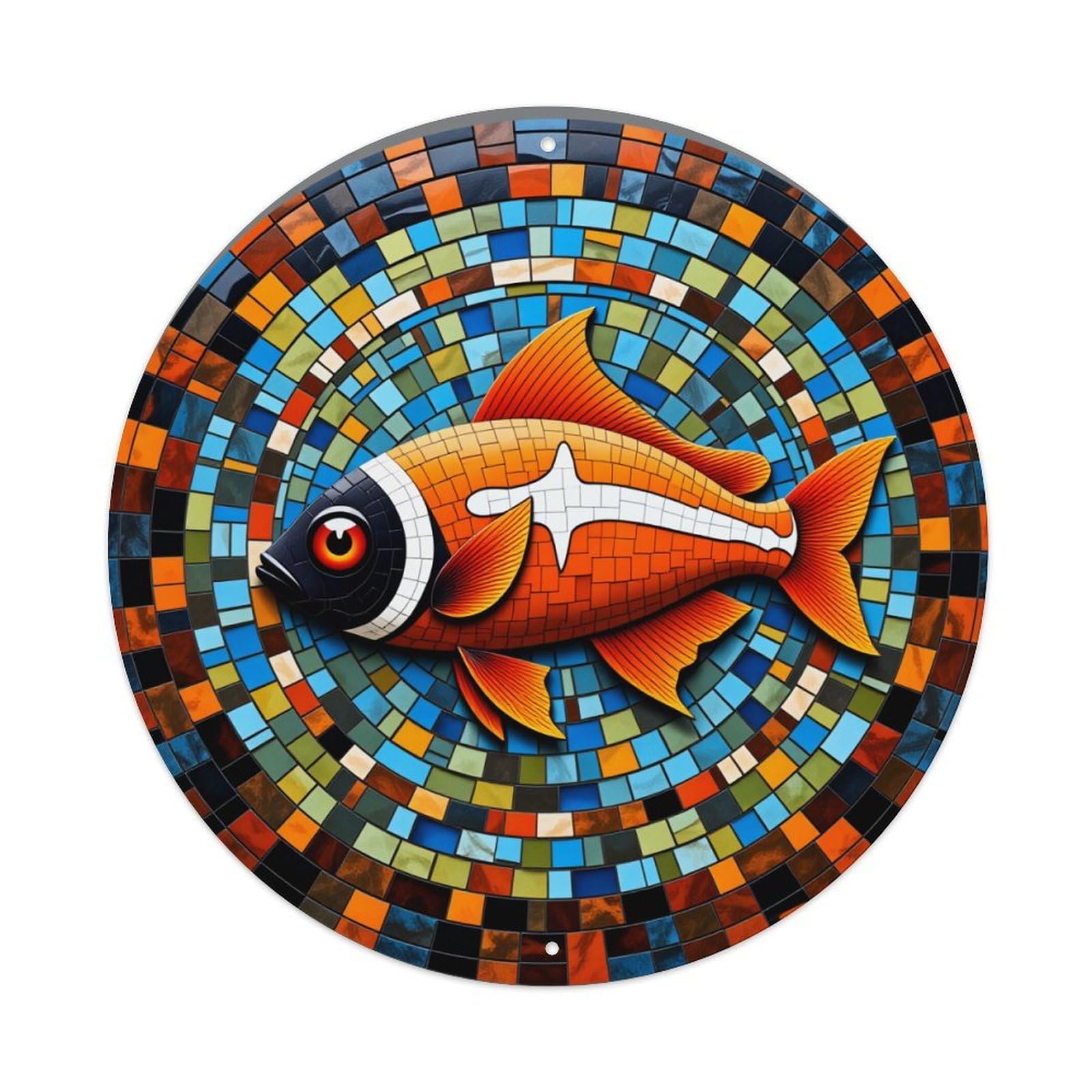 Lzwbntey Vintage Colorful Mosaic Fish Pattern Art Metal Tin Sign Retro Wall Decor For Home Bar Garage Cafe, Indoor & Outdoor Decorative，Circle Metal Poster, 8X8 Inch