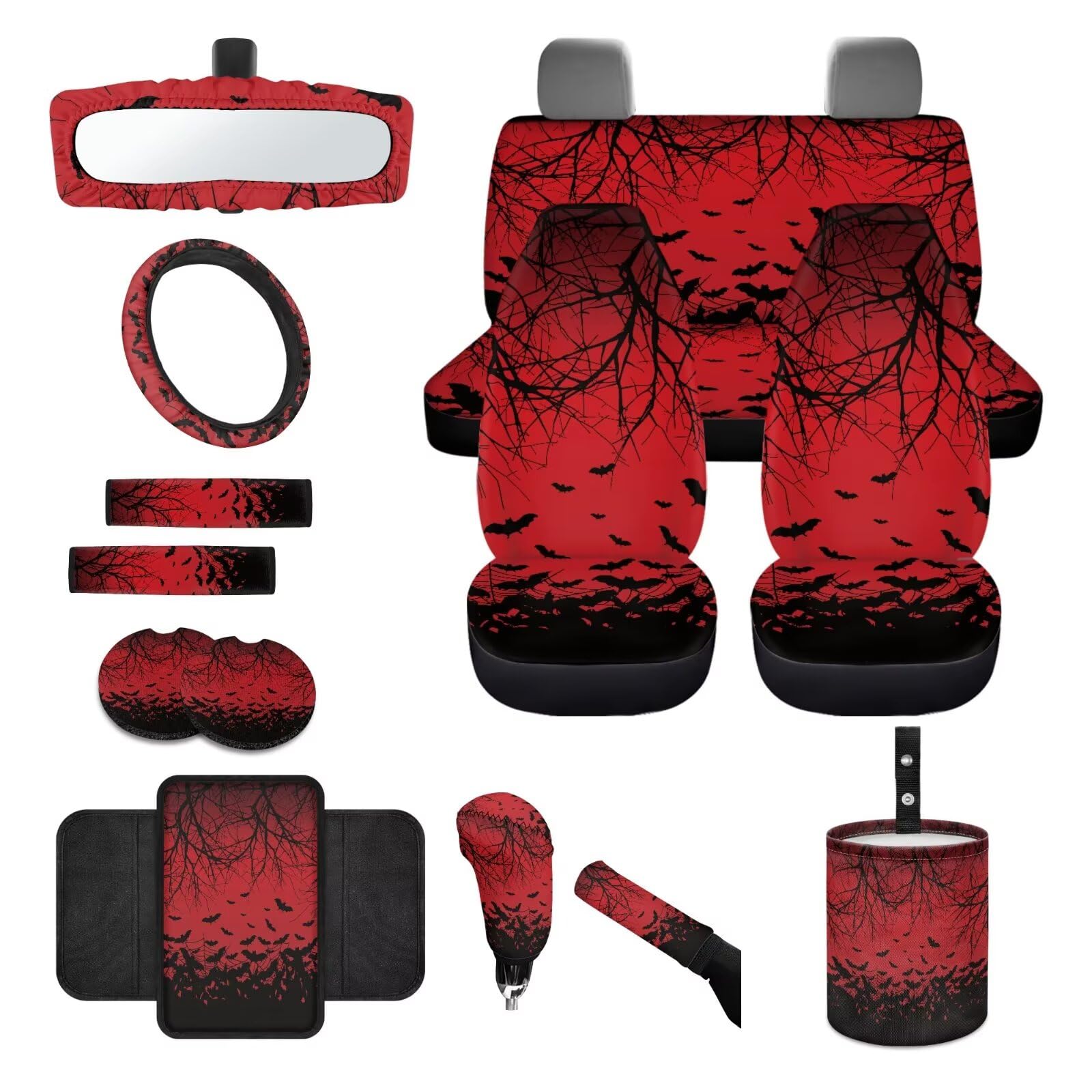 Set completo di coprisedili per auto con stampa di pipistrelli, coprisedili con schienale alto, coprivolante, console centrale, braccioli imbottiti, cuscinetti per cinture di sicurezza