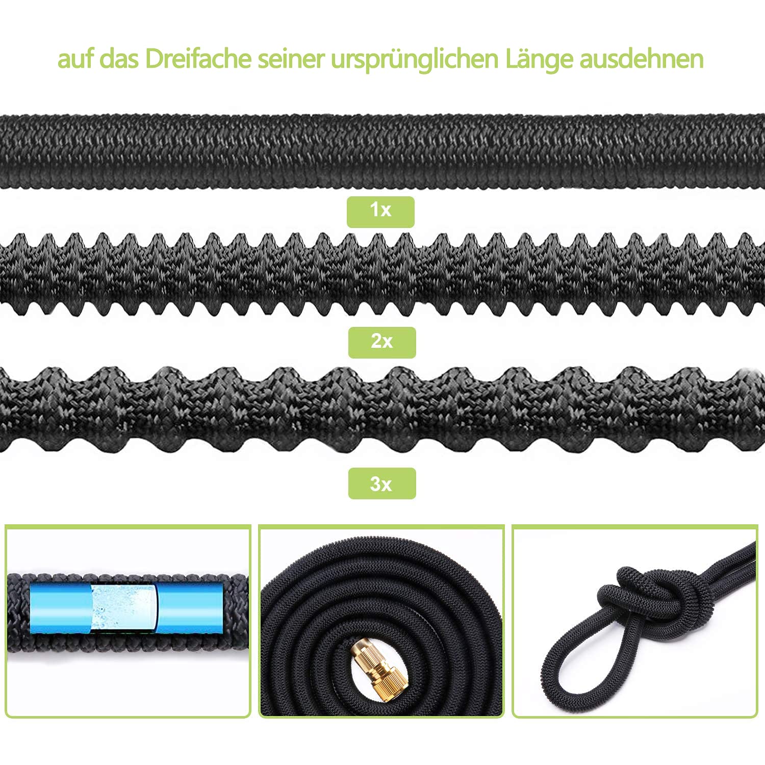 200 ft dehnbarer Gartenschlauch, flexibler Wasserschlauch mit extra starker Substanz, Handbrause mit 8 Funktionen, auslaufsicherer, leichter, dehnbarer Schlauch zum Bewässern und Waschen (60