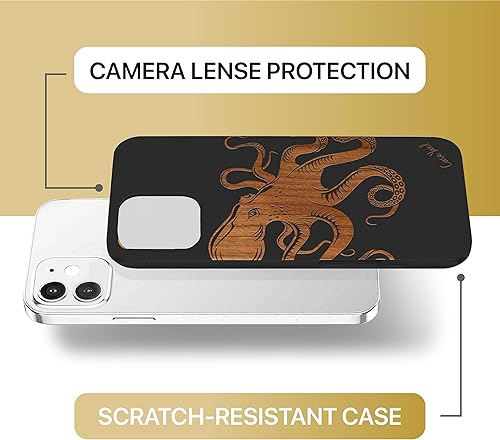Miniatura 6 de CaseYard Funda de madera para iPhone 11 con grabado láser, diseño de pulpo, compatible con madera negra, compatible con iPhone, funda protectora a