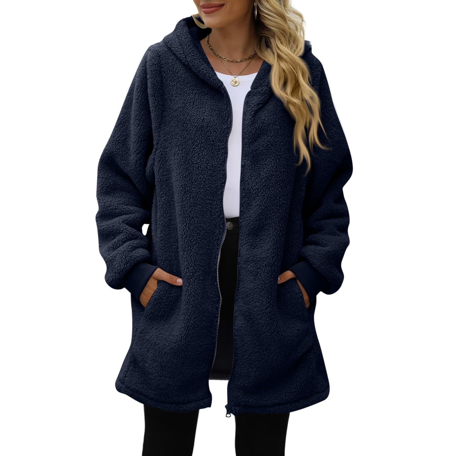 Generisch Fleecejacke Damen Mit Kapuze Winterjacke Damen Warm Teddyjacke