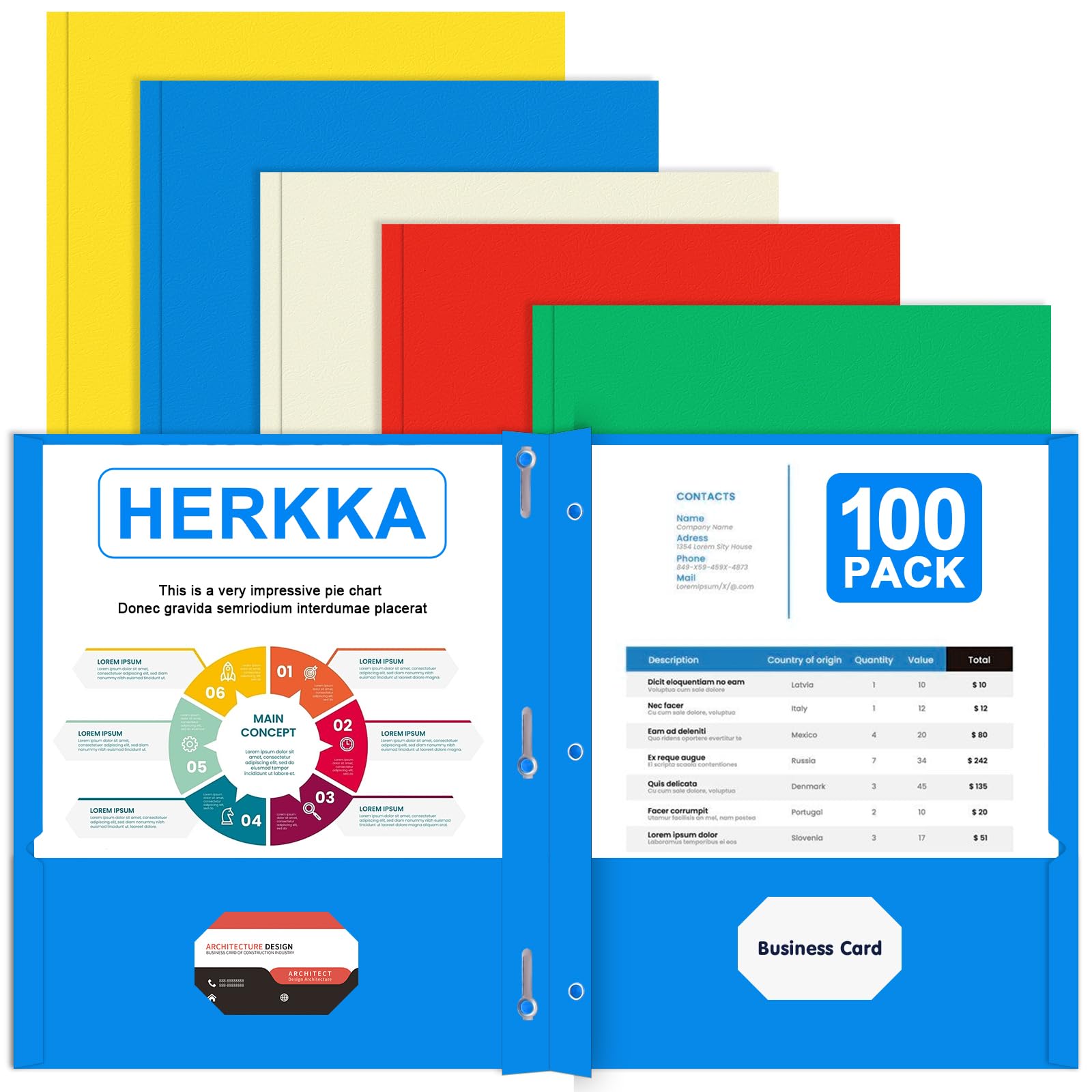 HERKKA - Cartella con due tasche, confezione da 100, 2 cartelle tascabili con punte, scomparti per biglietti da visita, formato lettera, progettata per l'uso in ufficio e in classe, 5 colori assortiti