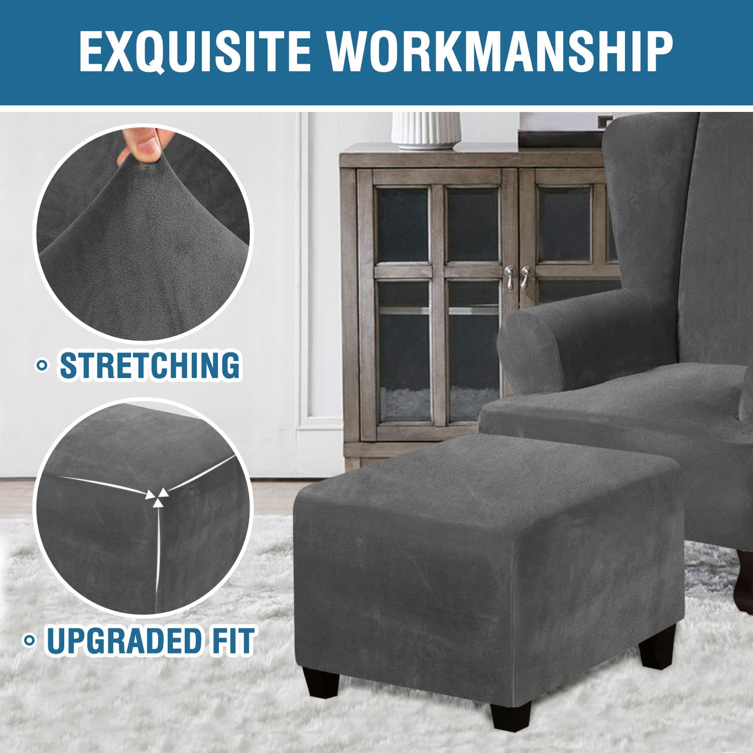 Housse De Pouf Carré En Velours Extensible - Protection Amovible Et Lavable - Taille Medium (68-81cm)
