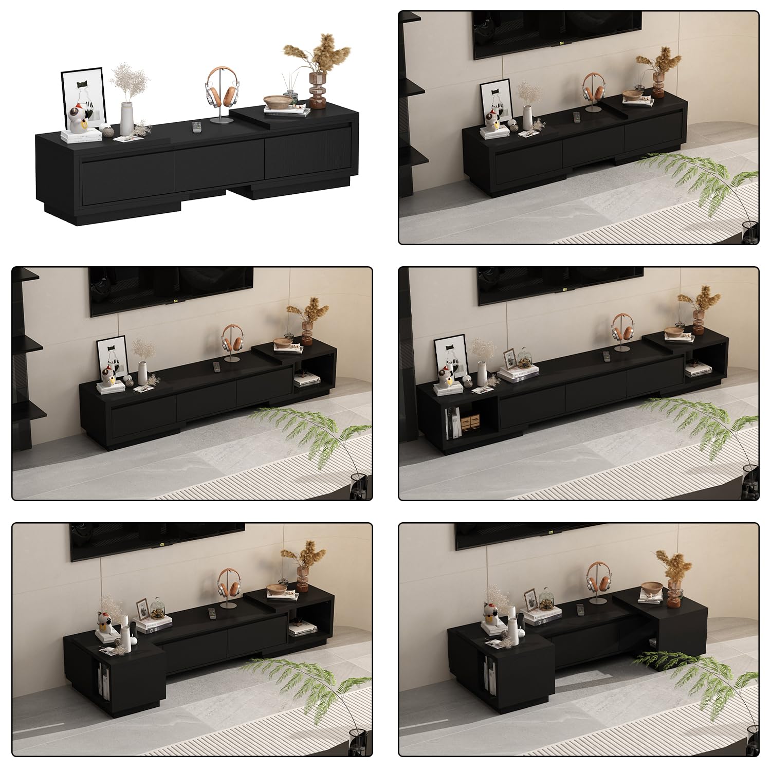 Caldion Verstellbares TV Schrank,160-270 cm Breit,Lowboard für Fernseher,Fernsehtisch mit 3 Schubladen,Tv Board,Tv Tisch,TV Bank,für Wohnzimmer Schlafzimmer,Schwarz,270x40x39cm