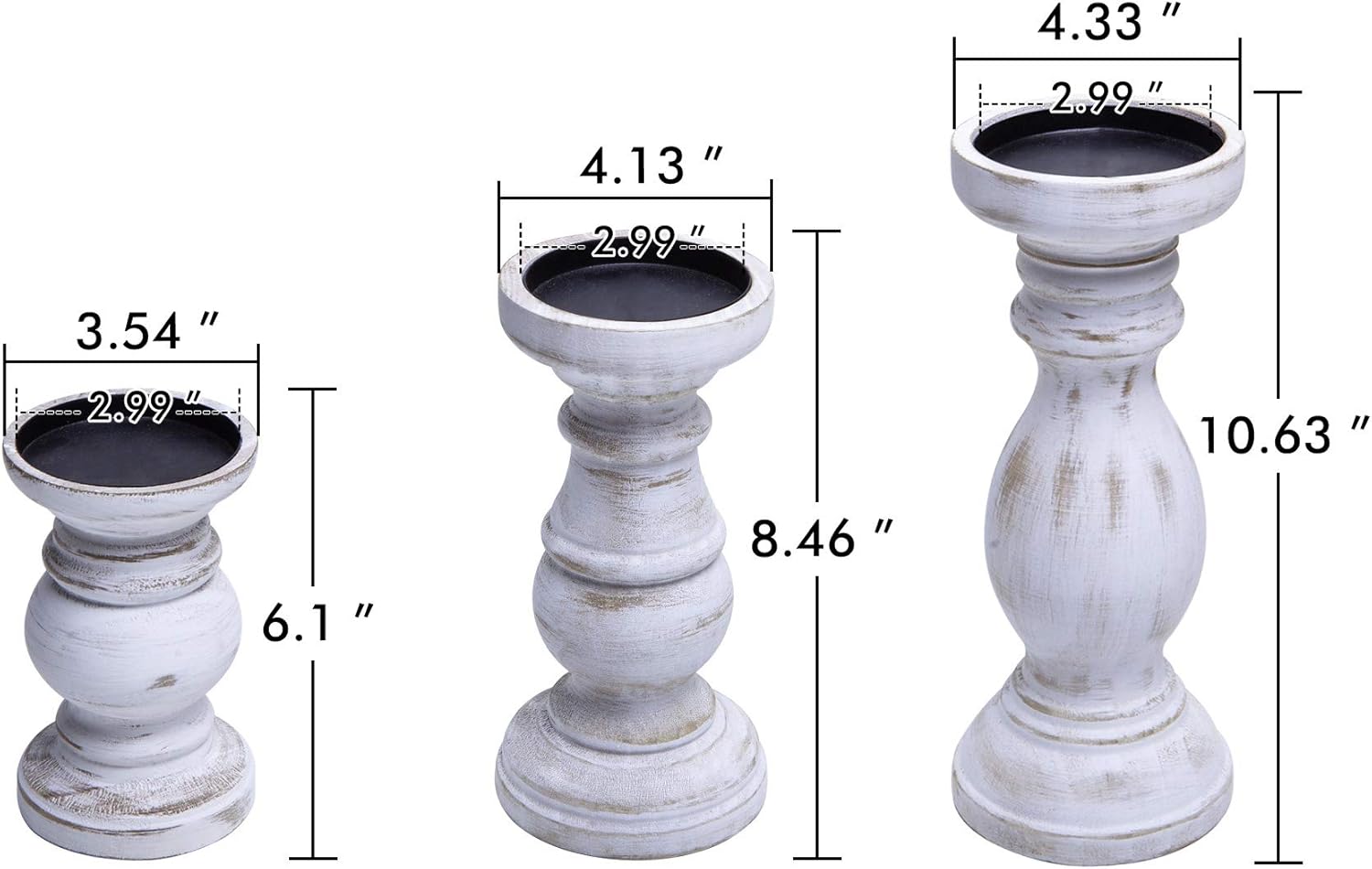 NIKKY HOME Rustic Pillar Candle Holder Set of 3 - Farmhouse Wood Candlestick Stand for Mantle, Fireplace, Dining Table Centerpieces, Distressed White - Image 6