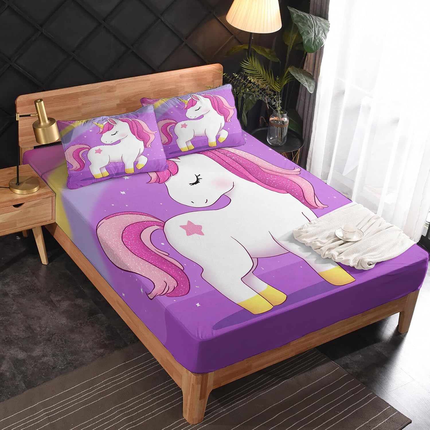 Cute Unicorns Twin Bed Sheets 3 Piece, Purple Rainbow Kids Print Fitted Sheet Set with 16 Inch Deep Pocket, Cartoon Horse Bedroom Decor Bedding, Soft Microfiber Wrinkle Free X-W130