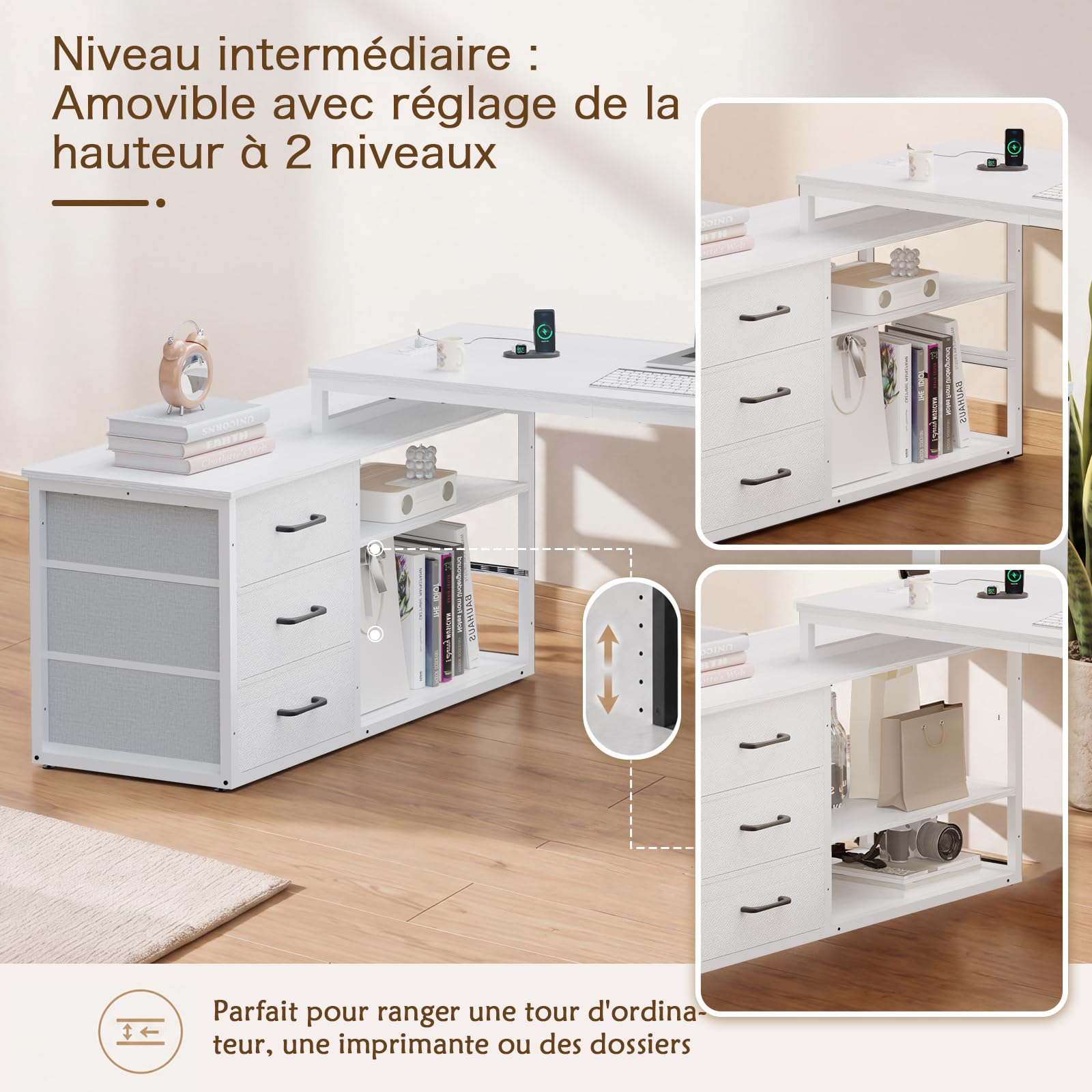 JUMMICO Bureau d'ordinateur 140 x 105 cm, Modèle en L Réversible, 3 Grands Tiroirs, Multiprise Intégrée et Panneau Perforé Réglable, Plateau Blanc avec Pieds Blancs