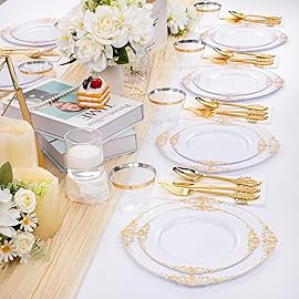 Hioasis 350pcs White and Gold Plastic Plates - Elegant Disposable Dinnerware Set Include 10.25 Dinner & 7.5 Dessert Plates, Knives, Forks, Spoons, Napkins, Cups for Party & Wedding