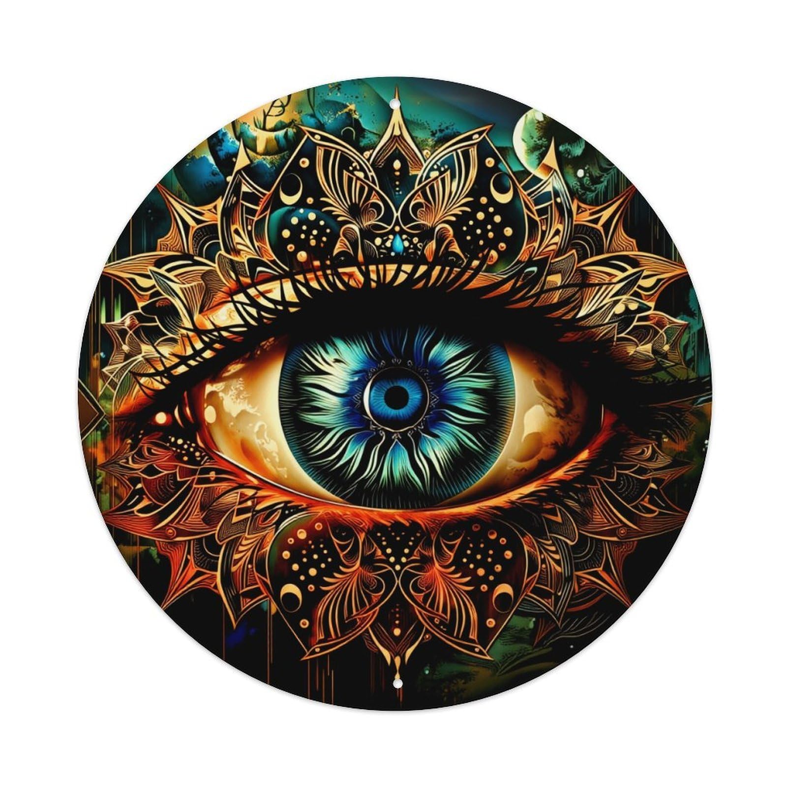 Mystic Eye Mandala Pattern Art Round Tin Sign Vintage Metal Poster, Home Bar Garage Man Cave Cafe Indoor & Outdoor Wall Decoration 8x8Inches