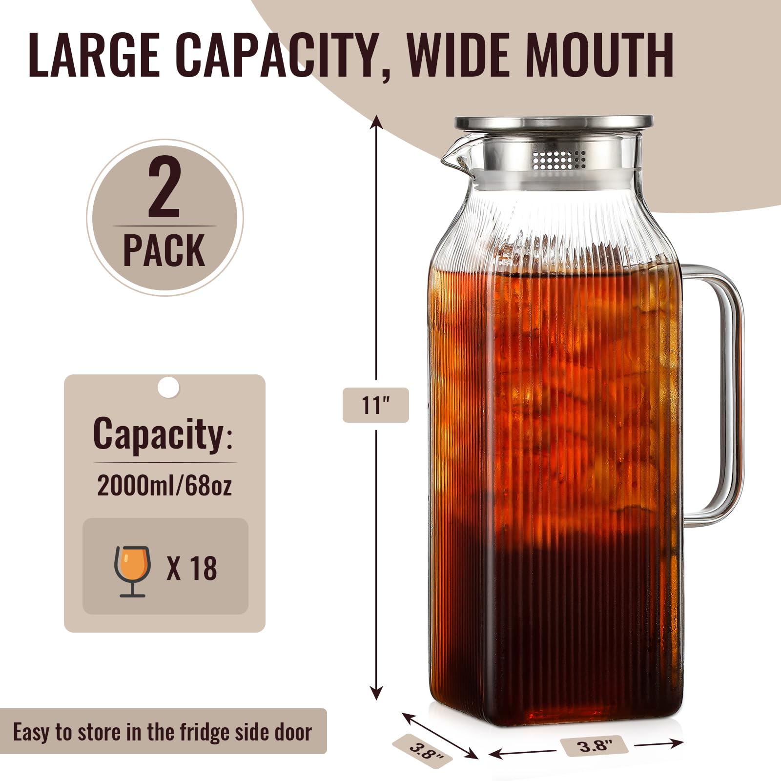 Confezione da 2 brocche quadrate in vetro da 2 litri con coperchio, classiche a righe con manico per frigorifero, brocca grande per tè freddo, caffè, caraffa in vetro borosilicato per bevande calde