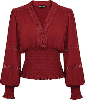 SCARLET DARKNESS Women Renaissance Tops Lace V Neck Lantern Sleeve Smocked Blouse