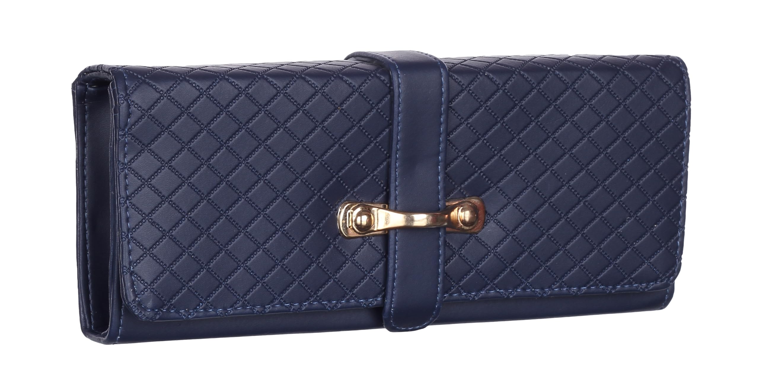 Leather Land Women's Quilted Buckle Bi Fold Wallet,3 Multiple Zipper Compartments (Ink Blue)-image-28