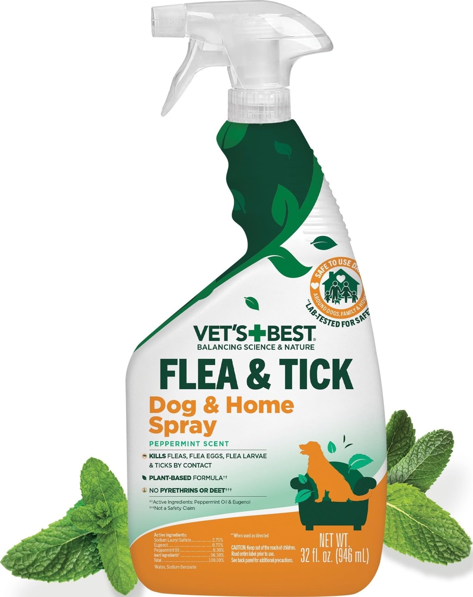 Vet's Best Indoor Flea & Tick Home Spray for Dogs, Plant-Based Spray, 32 oz