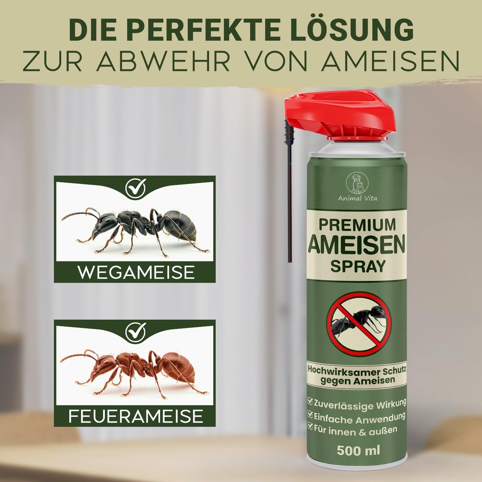 Animal Vita Ameisen Premium Spray [hochwirksam] - Ameisenspray mit effektiver Sofortwirkung für Innen & Außen - Mittel gegen Ameisen – wirkt schnell und zuverlässig