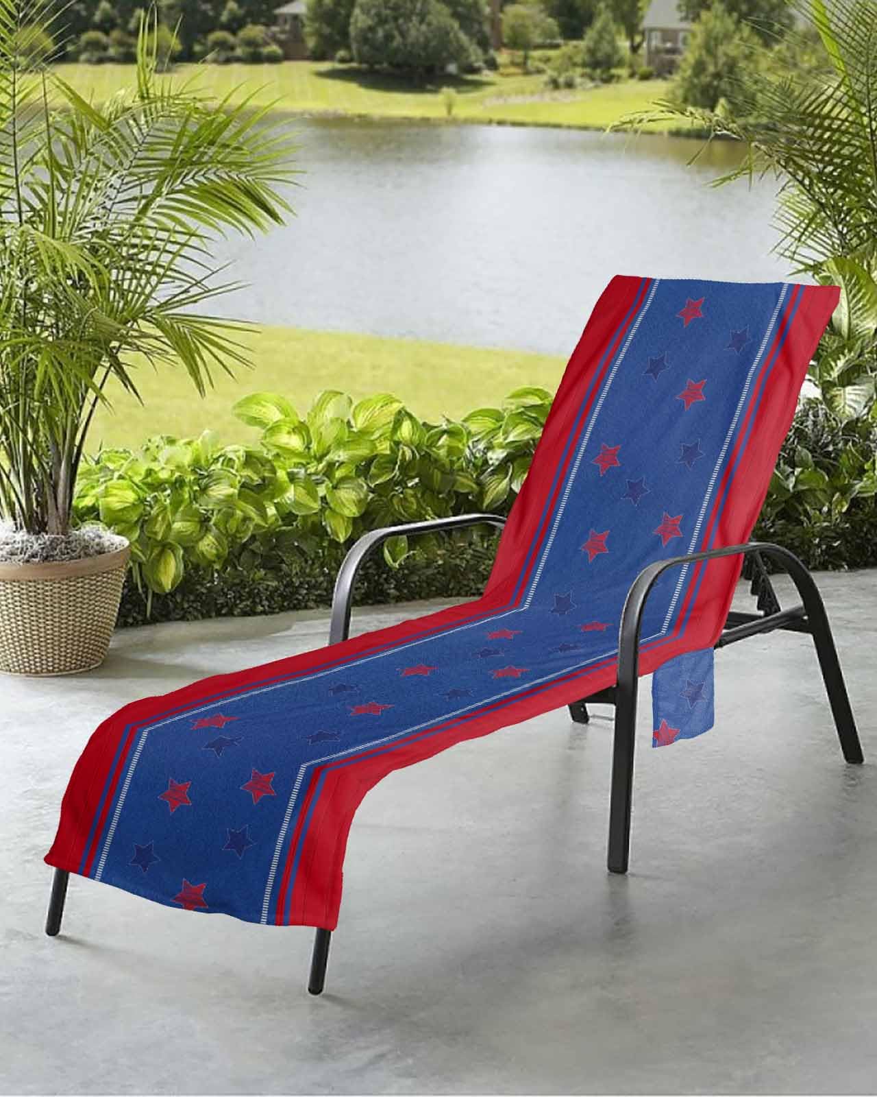 Red Blue Flag Beach Chair Towel Covers for Chaise Lounge with Side Pocket, Soft Plush Pool Towels Cover for Patio Sunbathing Outdoor 29''x85'' 4th of July Independence Day Stripes Stars