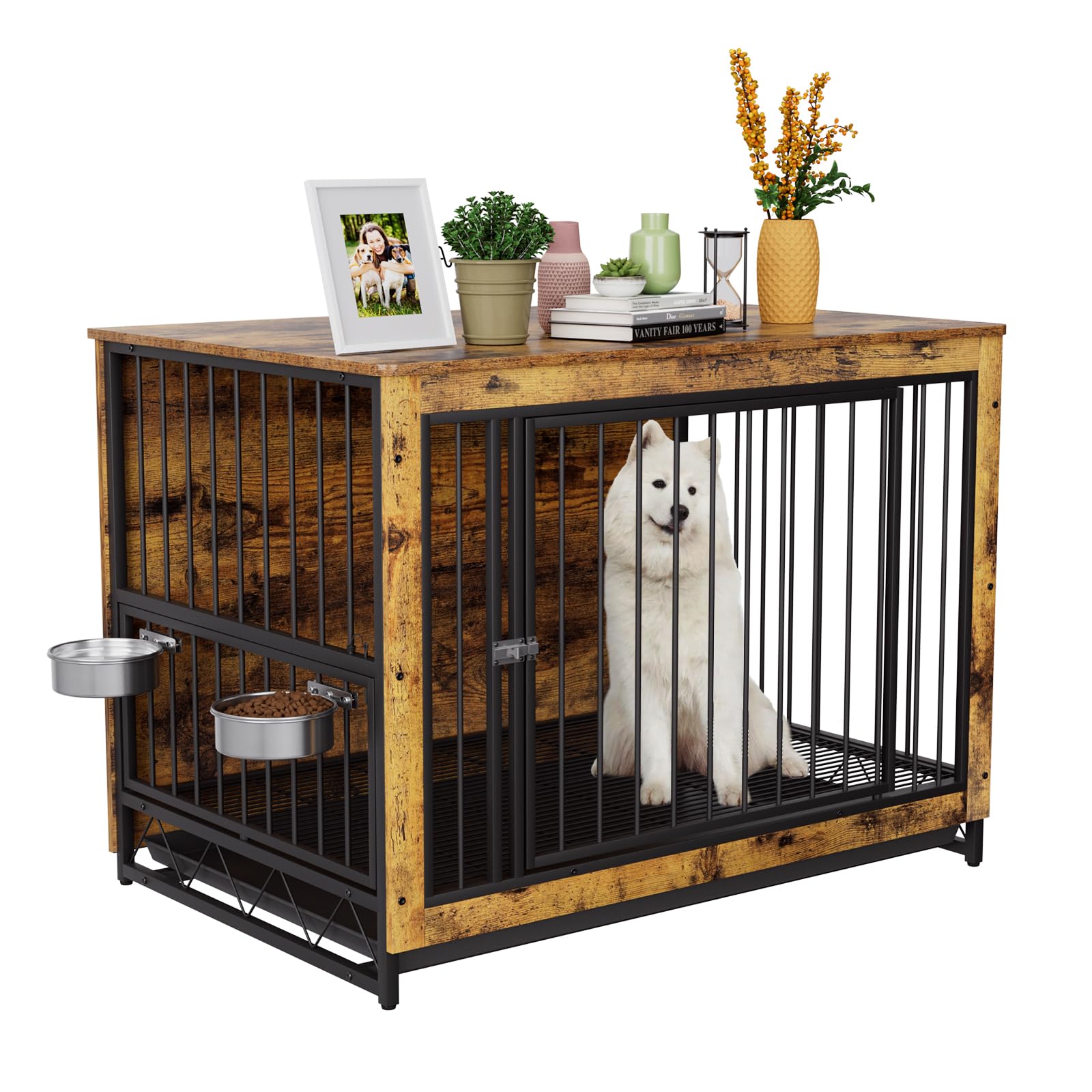 MAMIZO Gabbia per Cani Interno 93x64x58 CM, Tavolino, Armadietto, Casetta per Cani con 2 Ciotole e Porte, Kennel Cane con Vassoio Estraibile, gabbia cane Medio Piccolo, Colore Legno