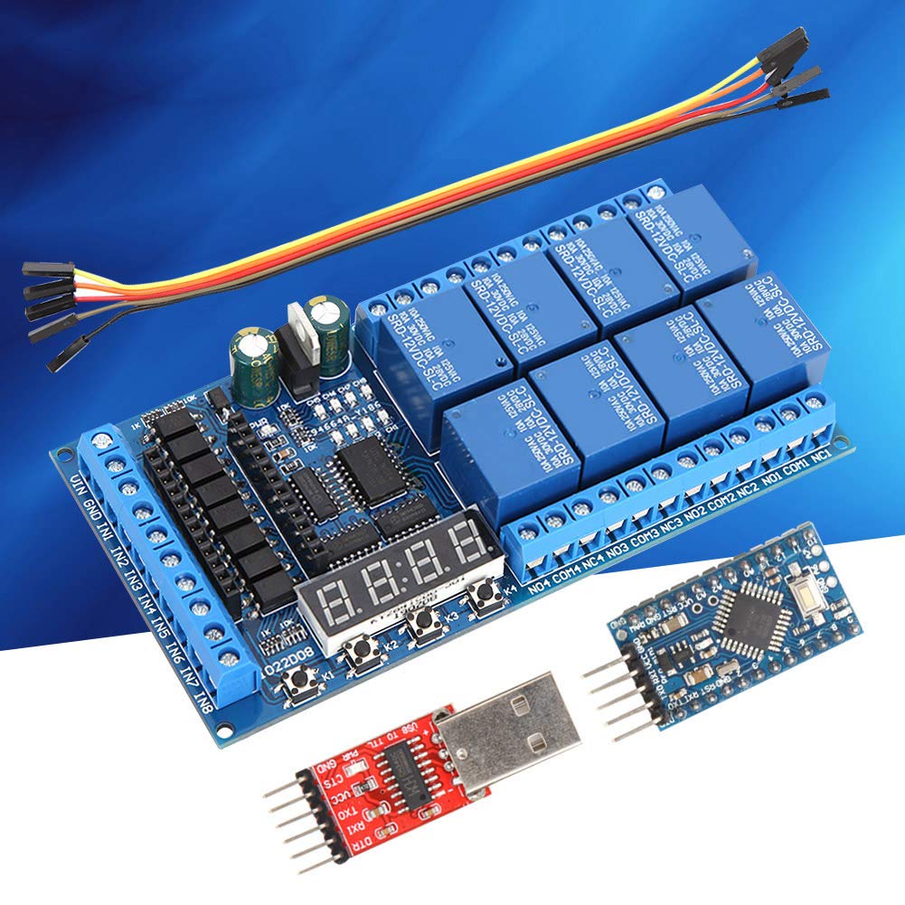 Módulo de Protección de relé PLC Mini Pro de 12 V CC de 8 Canales con 8 Entradas Optoaisladas y Tubo Digital de 4 Bits para Placa de Interruptor de Temporizador de (Placa+pro mini+cable de
