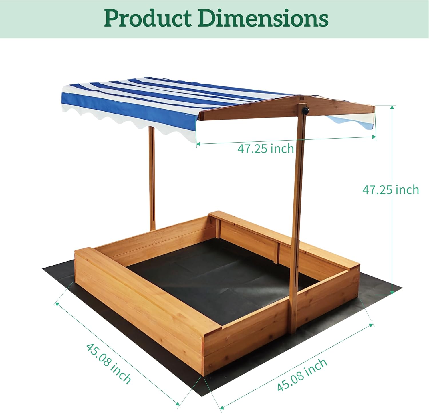 Kids Wooden Sandbox with Adjustable Canopy & Sand Protection Liner – Large Outdoor Sandpit for Ages 3-8, Backyard/Garden Play Shelter