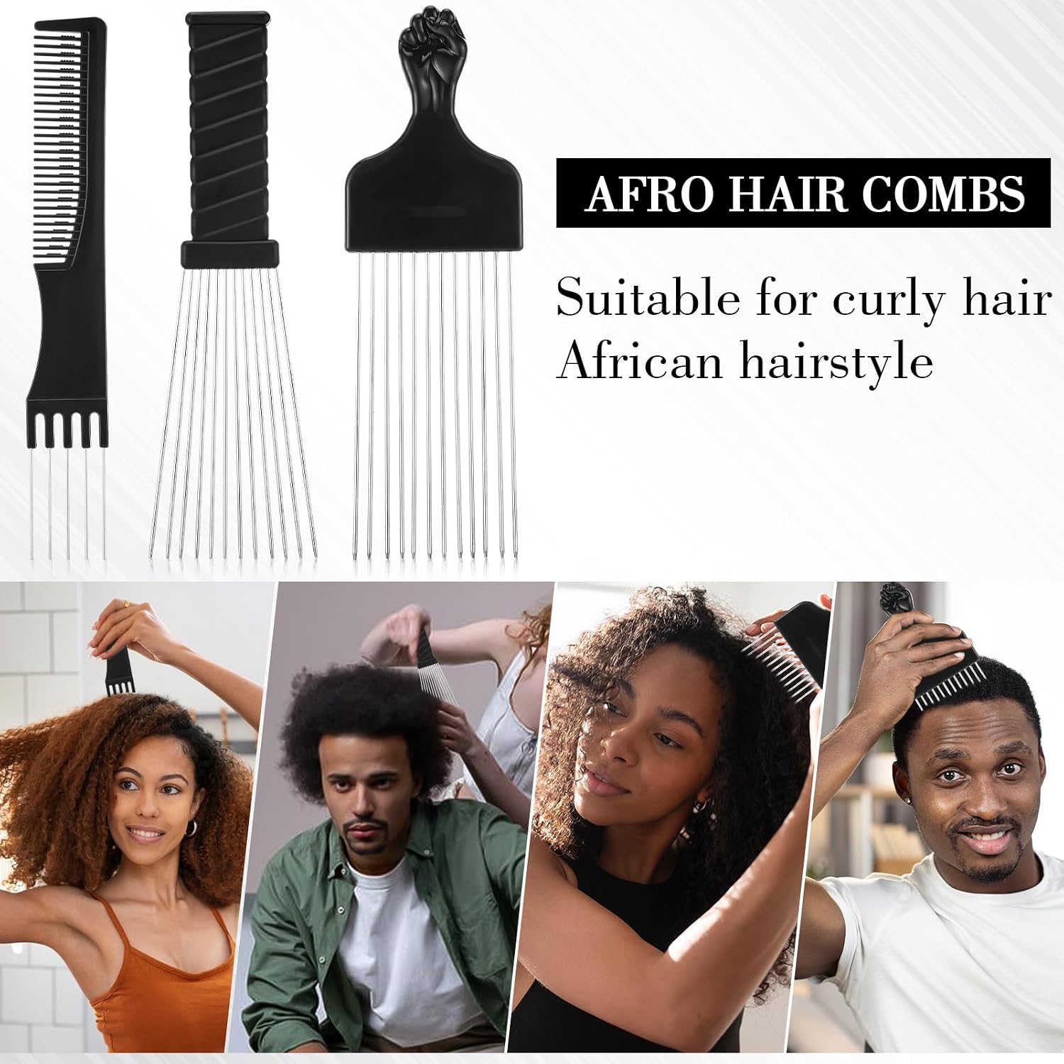 3 Pack Metal Hair Pick Comb Set for Afro, Curly Hair and Beard