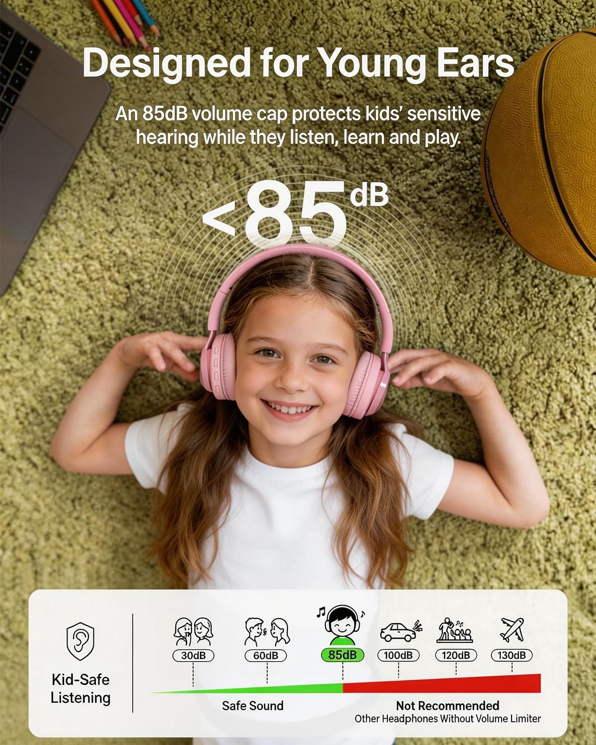 LED Light Up Kids Wireless Headphones - Wired/Wireless Dual Mode with Mic - Safe 85dB Volume Limit, Ultra-Lightweight Bluetooth Over Ear Earphones for School, iPad, Tablets - Pink Gifts for Girls