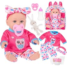 12" Baby Doll in Gift Box with Backpack Carrier, Clothes, Feeding Bottle, Pacifier, Diaper and a Toy Rabbit Accessories, First Baby Dolls for Girls 3 Years and Up