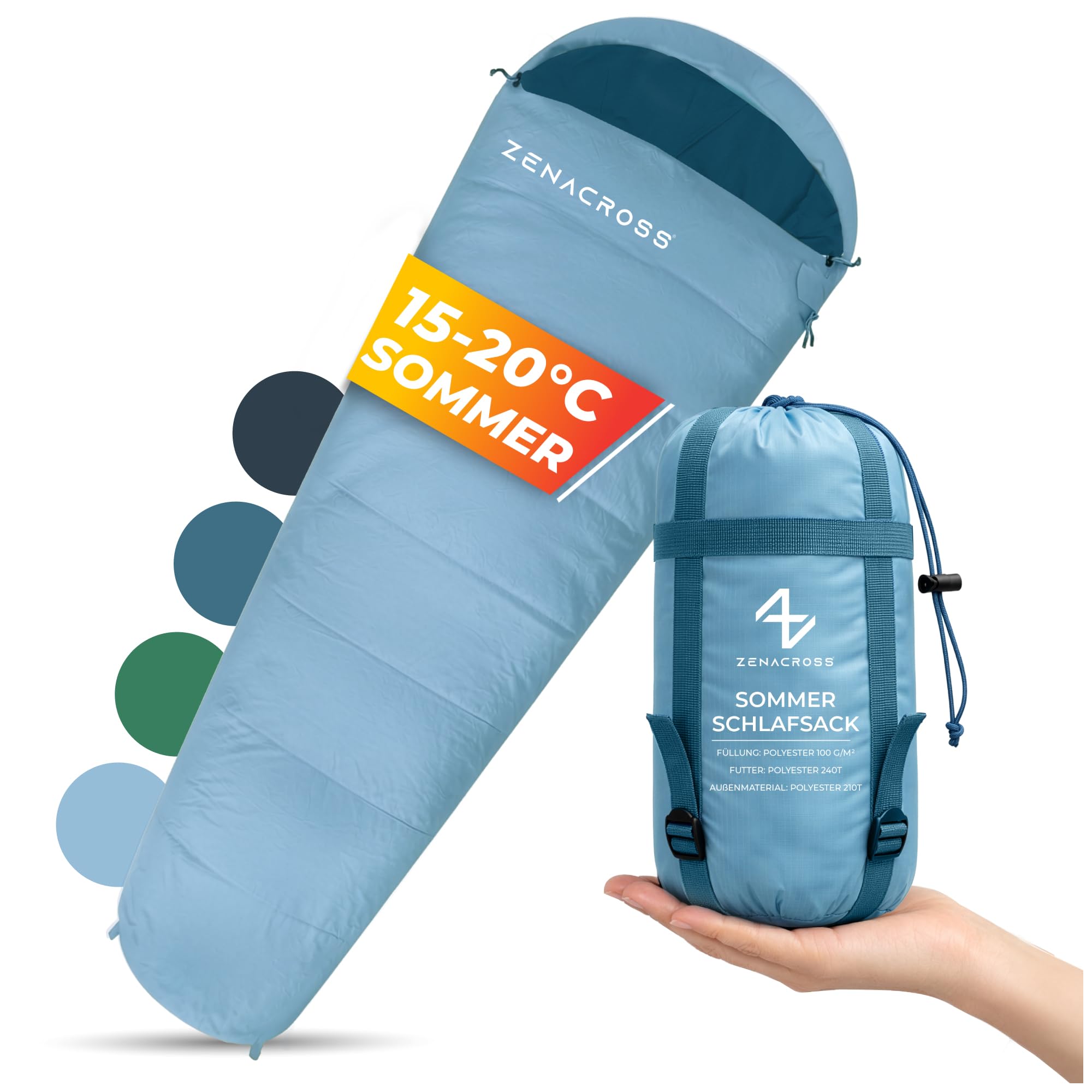 Zenacross Schlafsack Erwachsene - Sommerschlafsack Kleines Packmaß & Ultraleicht - Mumienschlafsack für Camping, Outdoor & Festivals