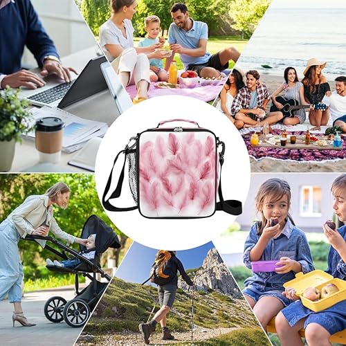 Miniatura 7 de Flamingo Feather Pattern Kids Lunch Bag, Insulated Lunch Box for School Reusable Lunch Tote with Shoulder Strap Leakproof Waterproof for Boys Girls