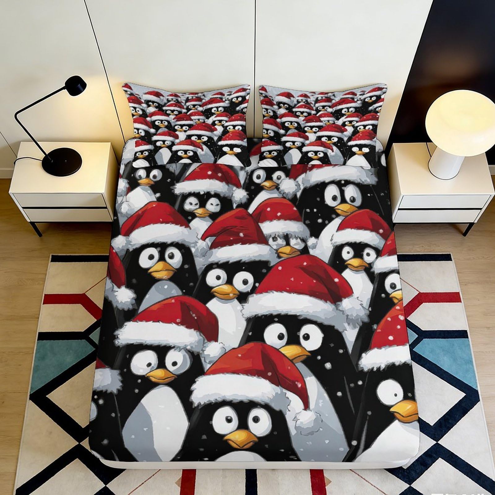 3D Printed Christmas Penguin Fitted Sheet Microfiber Soft Decorative Santa Hat Bed Cover for Bedroom Guest Room 90x200x25cm