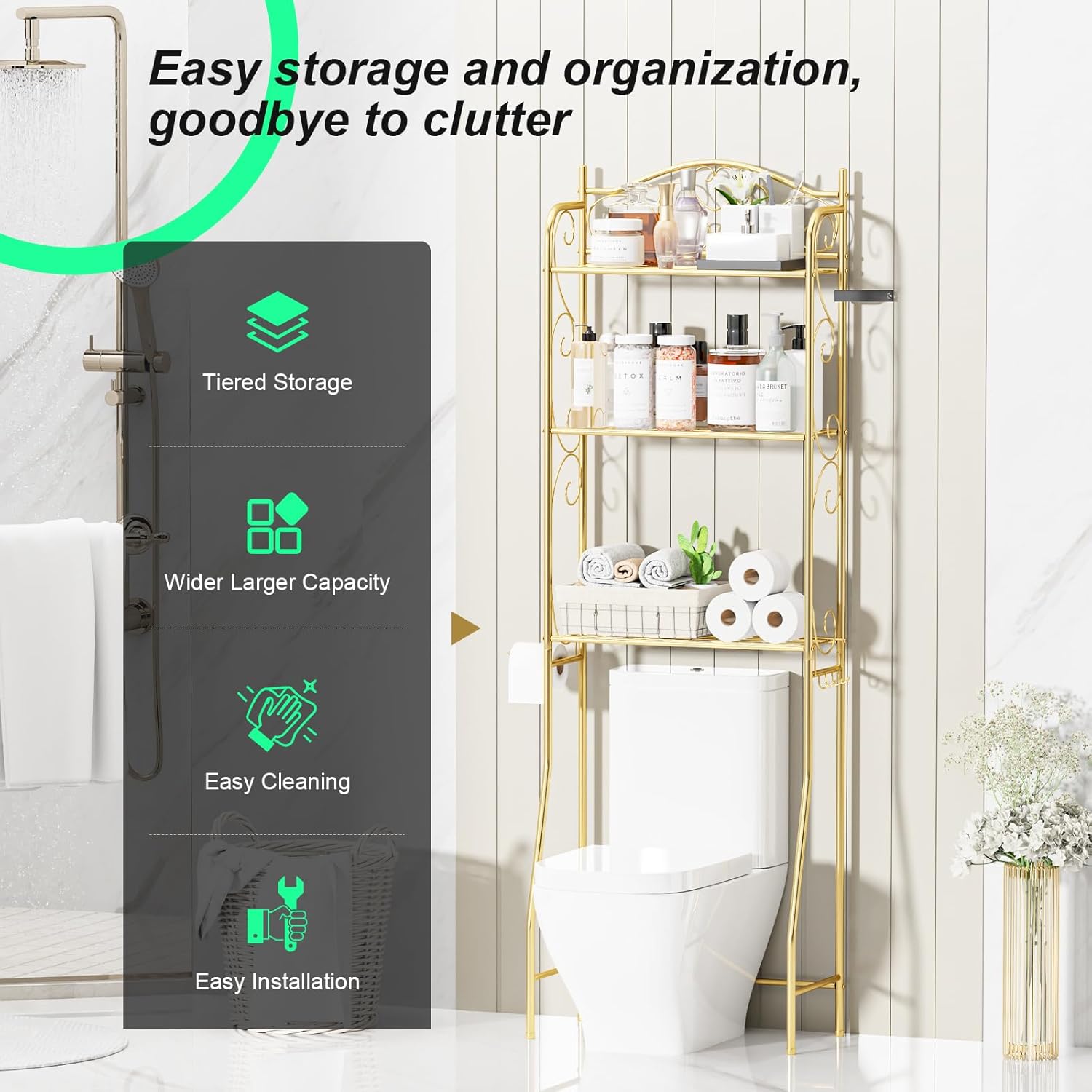 Features of the shelf including rolling holder and hooks