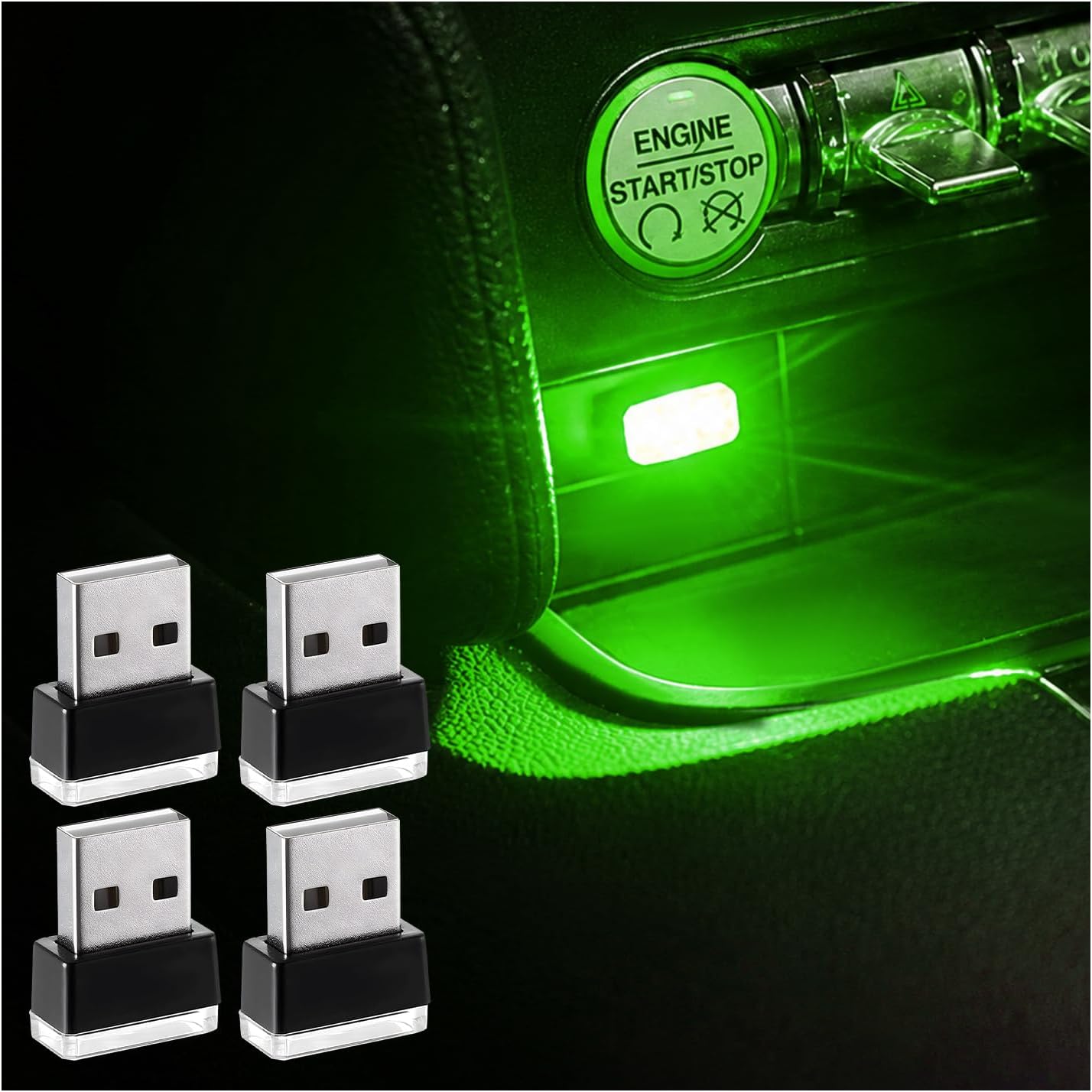 Augeny 4 PCS USB LED Car Interior Atmosphere Lamp, Plug-in USB Decor Night Light, Portable Auto Ambient Lighting Kit, Universal Vehicle Interior Accessories for Most Cars (Green)