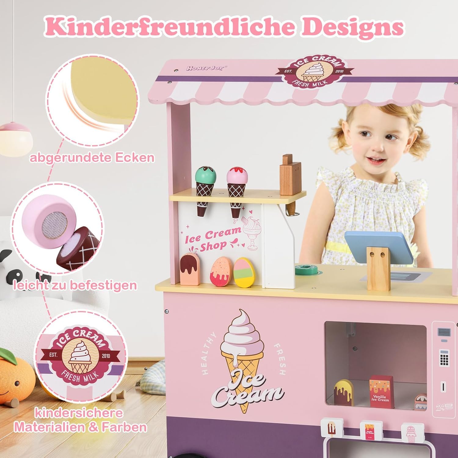 FANTASK Chariot à Glace pour Enfant Rose avec 15 Accessoires, Magasin en Bois avec sorbetière, Caisse enregistreuse, Scanner et Distributeur Automatique, Magasin de marchands et crème glacée, Jouet