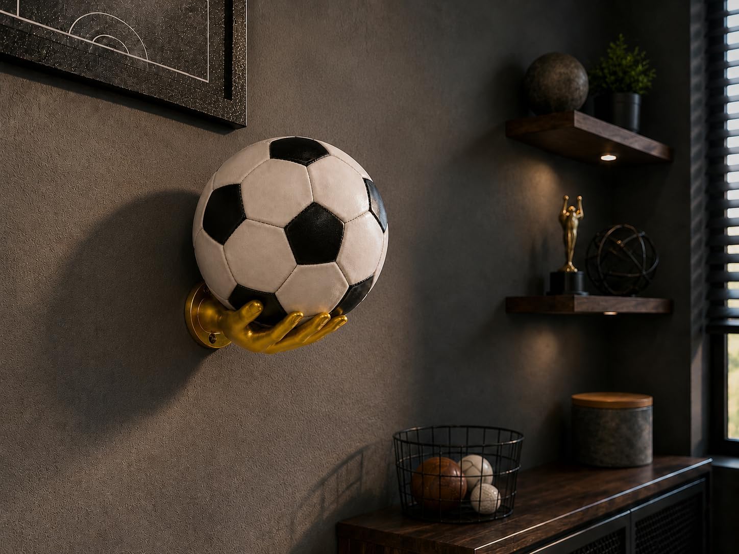 Basketball Holder Wall Mount Set of 2, Ball Storage Rack Wall Mounted, Garage Ball Organizer, Game Room Decor, Bedroom Sports Wall Decor for Men (Gold)
