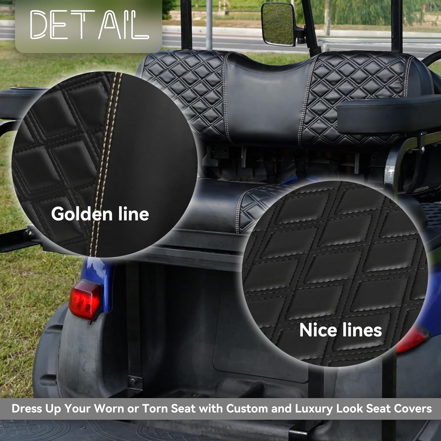 Golf Cart Seat Covers Front and Rear Waterproof and Sun Resistant Marine Grade Vinyl Leather Seat Cover Accessories for Club Car DS 2000.5-up, Black(4PCS)