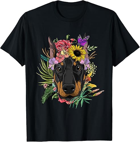 Camiseta floral Doberman Dog Spring Nature Dog Lovers, Negro, S