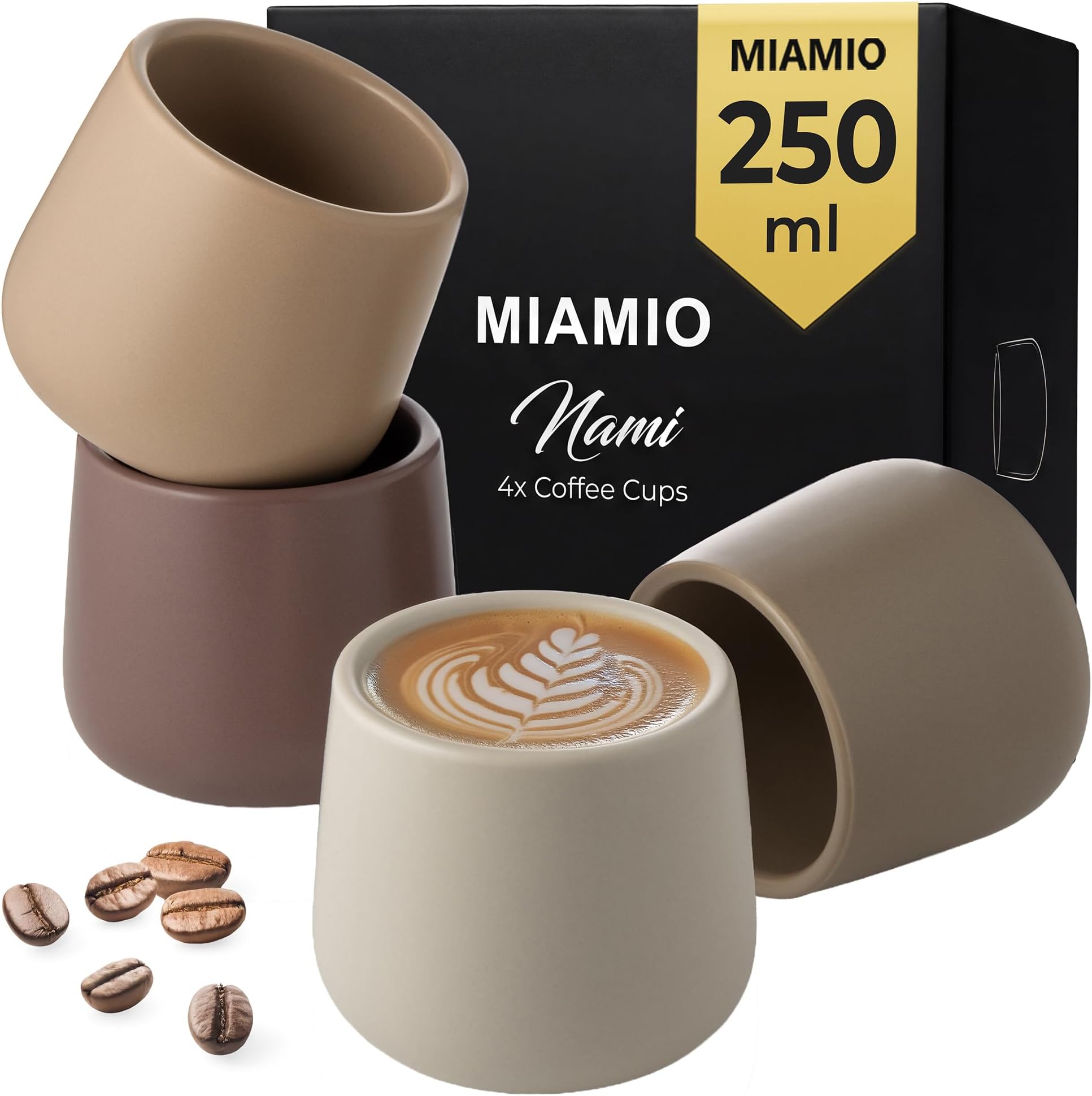 MIAMIO - Ceramic Cup Set of 4, Coffee Mugs (8.5 oz) - Nami (Beige Canyon)