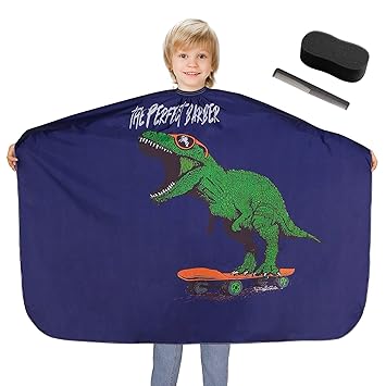 Glittme Barber Cape for Kids Dinosaur Hair Cutting Cape with Sponge Brush and Comb Waterproof Salon Cape for Hair Stylist Professional Haircut Cape with Adjustable Closure for Girls Toddler(Navy Blue)