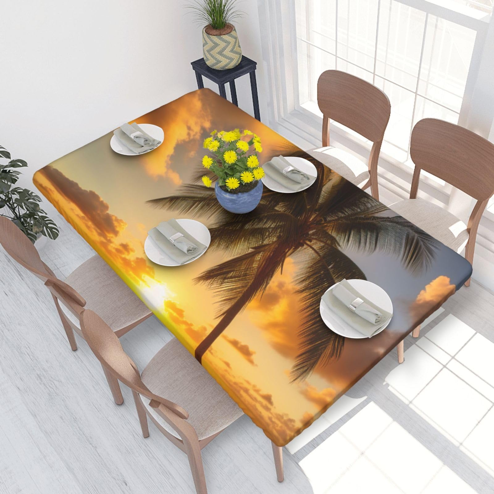 DCARSETCV Sunset Hawaiian Palm Tree Printed 4FT Waterproof Tablecloth with Elastic Edged Protect & Decor Your Table, Oil-proof Washable Table Cloth Cover for Dinner Picnic Party