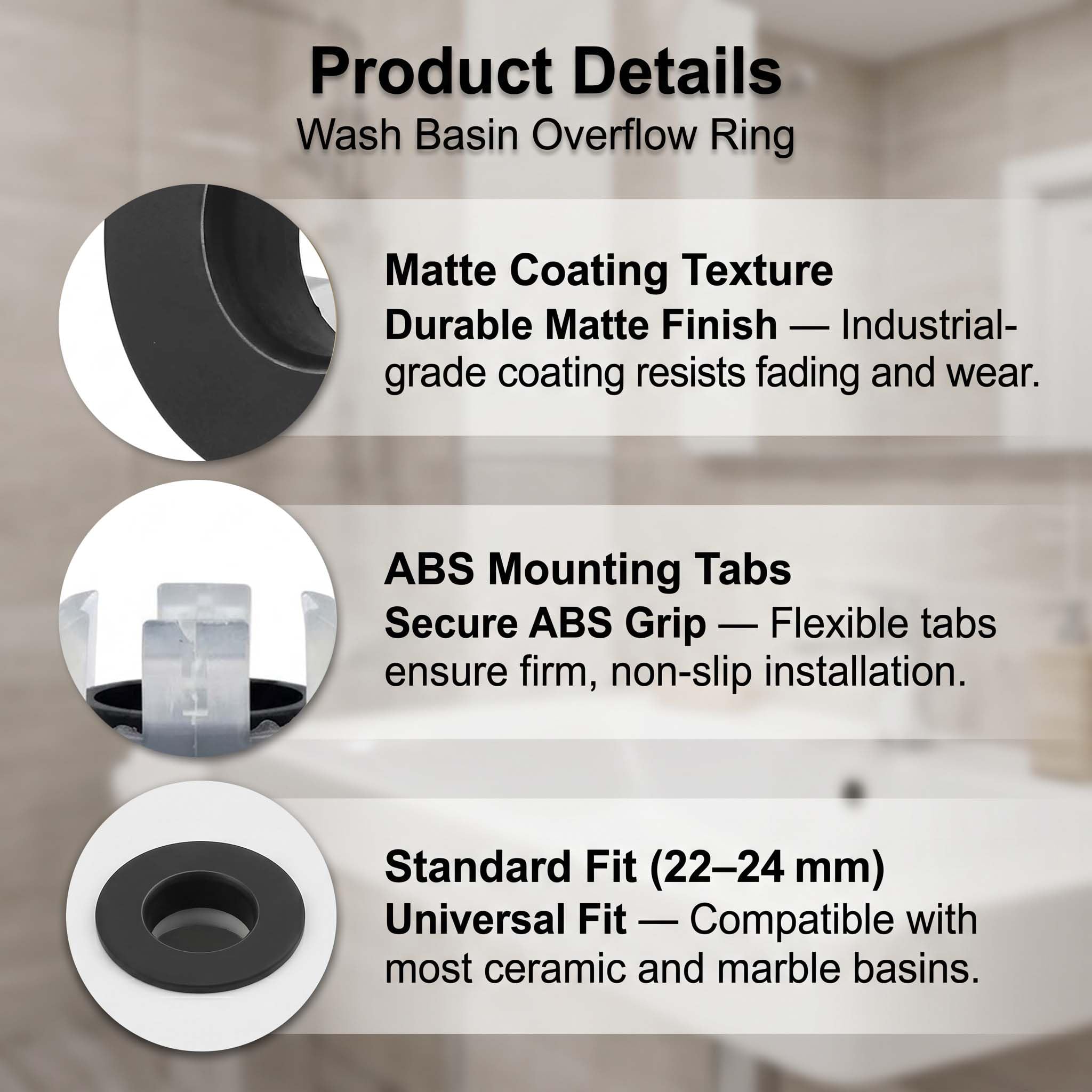 Anillo Rebosadero Lavabo Cobre Puro Negro Mate, Tapa Rebosadero Universal para Orificios 22-24mm, Lavamanos Baño y Fregadero Cocina