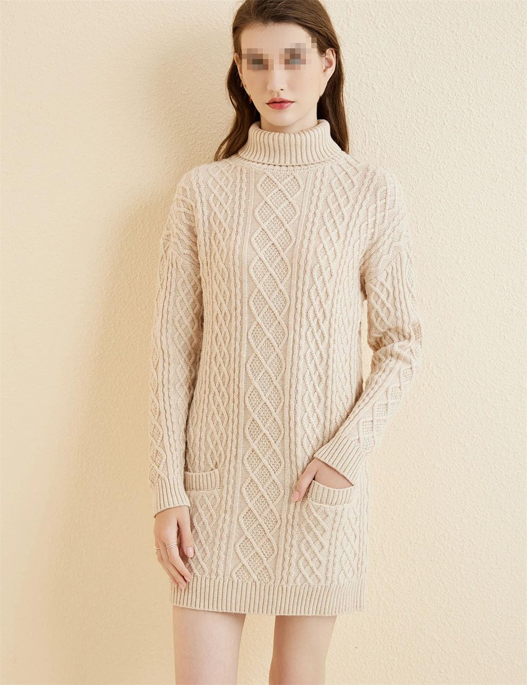 Maglione da donna a collo alto, in lana, invernale, a maniche lunghe, lavorato a maglia