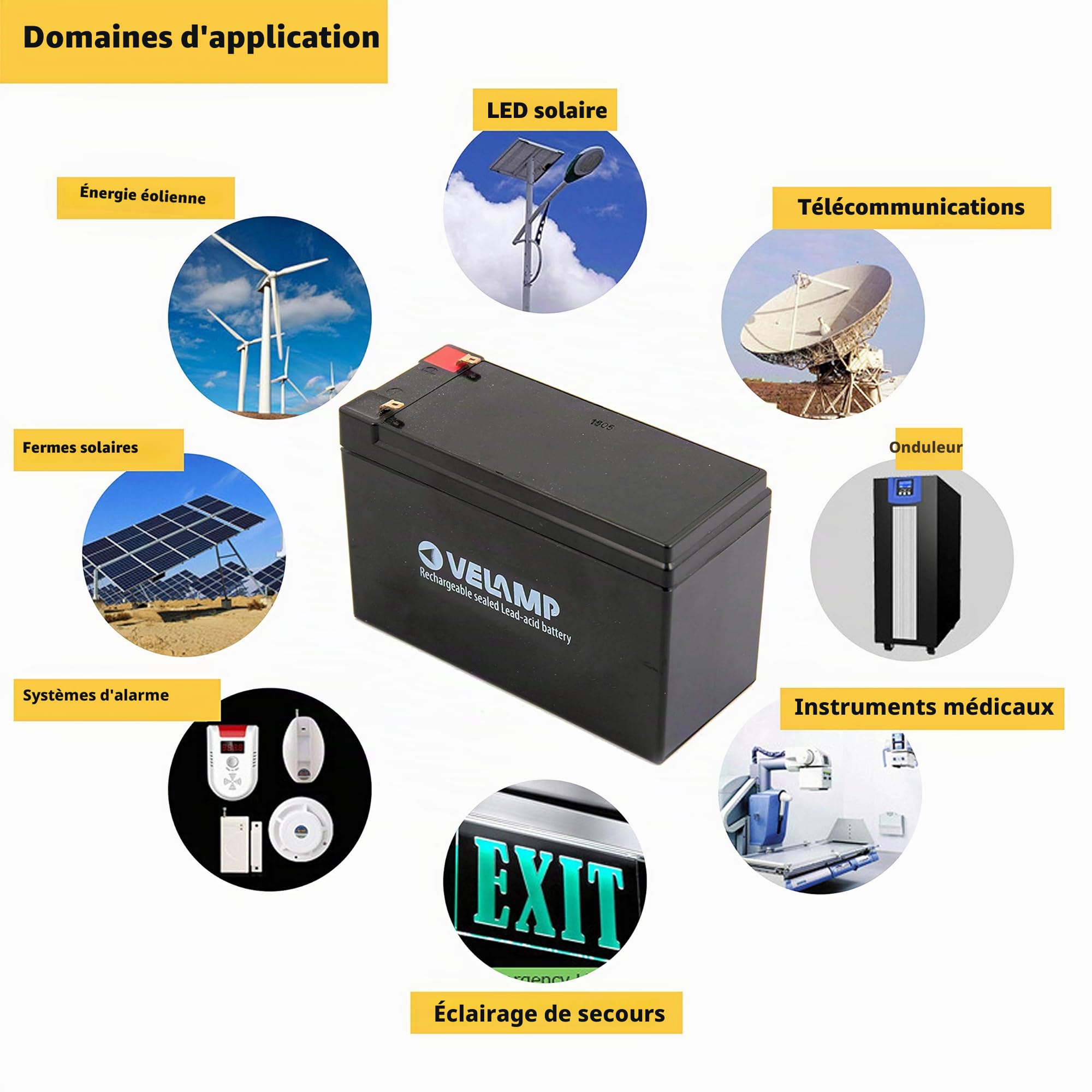 Velamp 23734 Batterie rechargeable au plomb, connexions Faston, 12V 26Ah. Idéal pour les lumières de secours, les systèmes de vidéosurveillance, les alimentations sans coupure, les loisirs, Noir