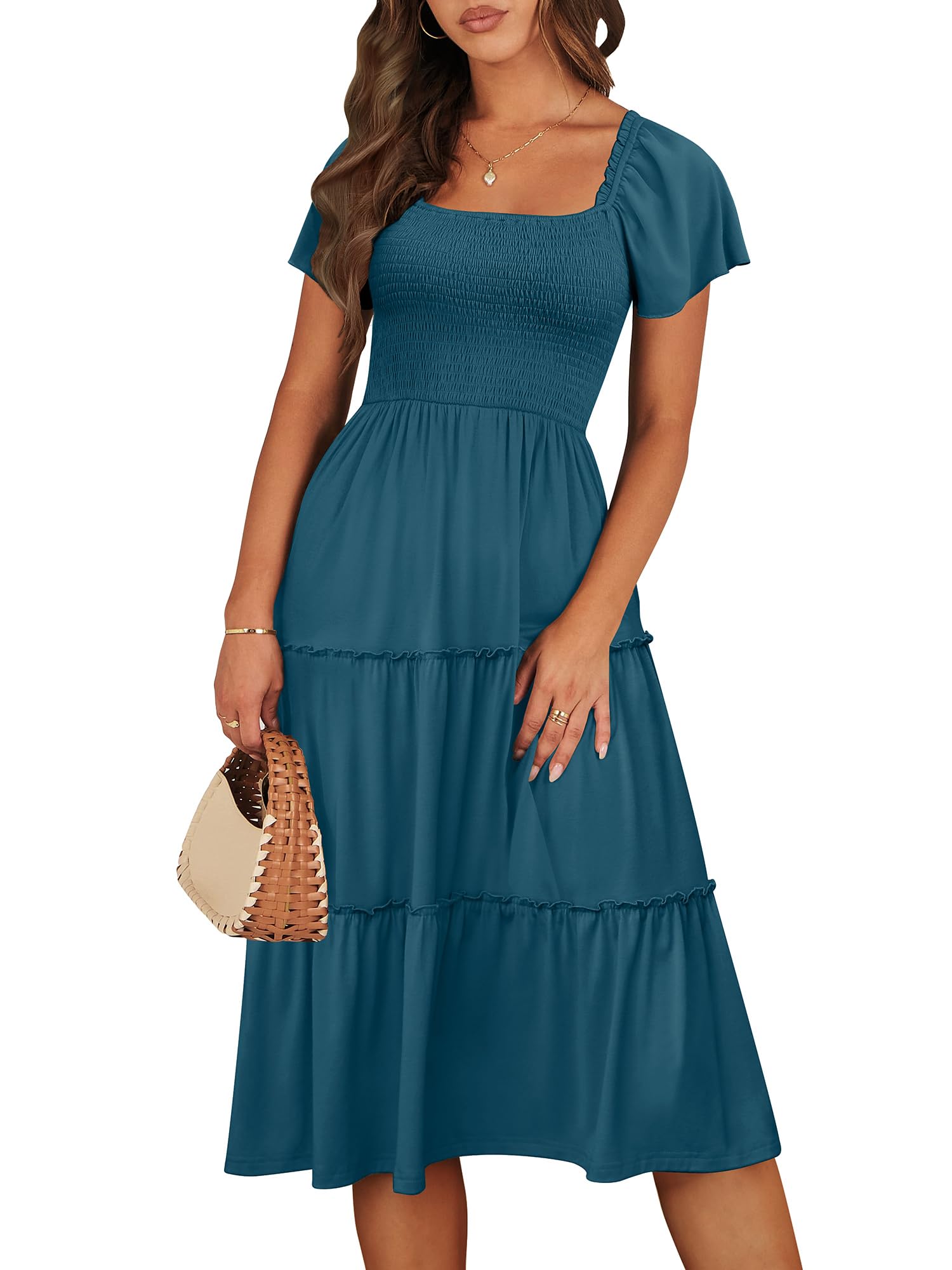 ANRABESS Women Summer Casual Square Neck Flutter Sleeve Boho Smocked A-Line Flowy Tiered Modest Midi Sun Dress with Pockets