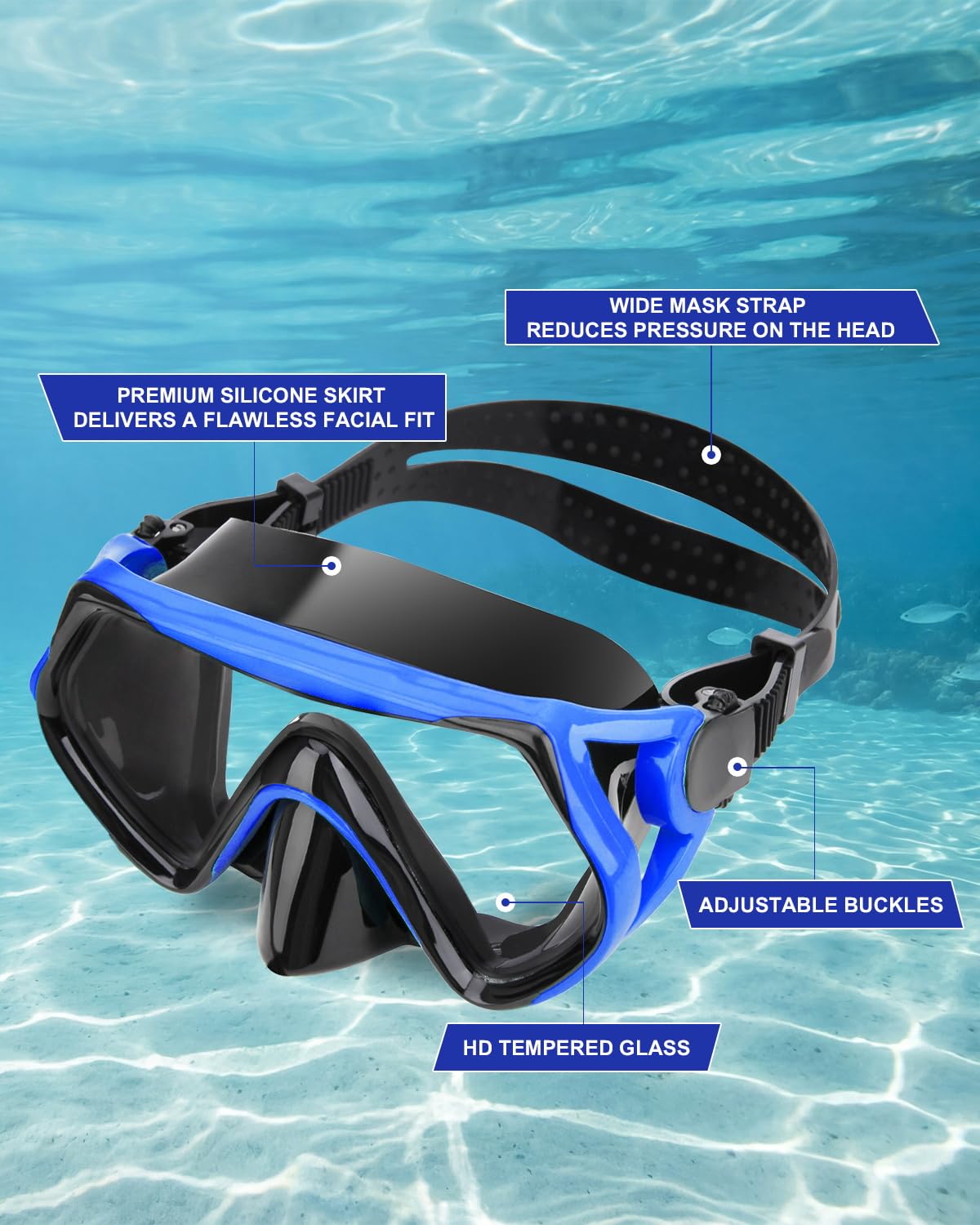 Juego de máscara de esnórquel para adultos y jóvenes, máscara de buceo y gafas de buceo de secado completo es adecuado para esnórquel, buceo, natación (azul)