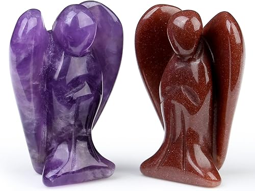 DUQGUHO 2 figuras de cristal de decoración de ángel, estatua de fresa, amatista, cristales curativos, figuras de ángeles de piedra, piedras