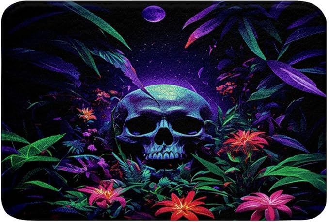 Feelyou Sugar Skull Bathroom Rugs Gothic Skull Bath Mats Microfiber Floral Bathroom Accessories Skeleton Bones Blossoms Floor Doormats Non-Slip 16